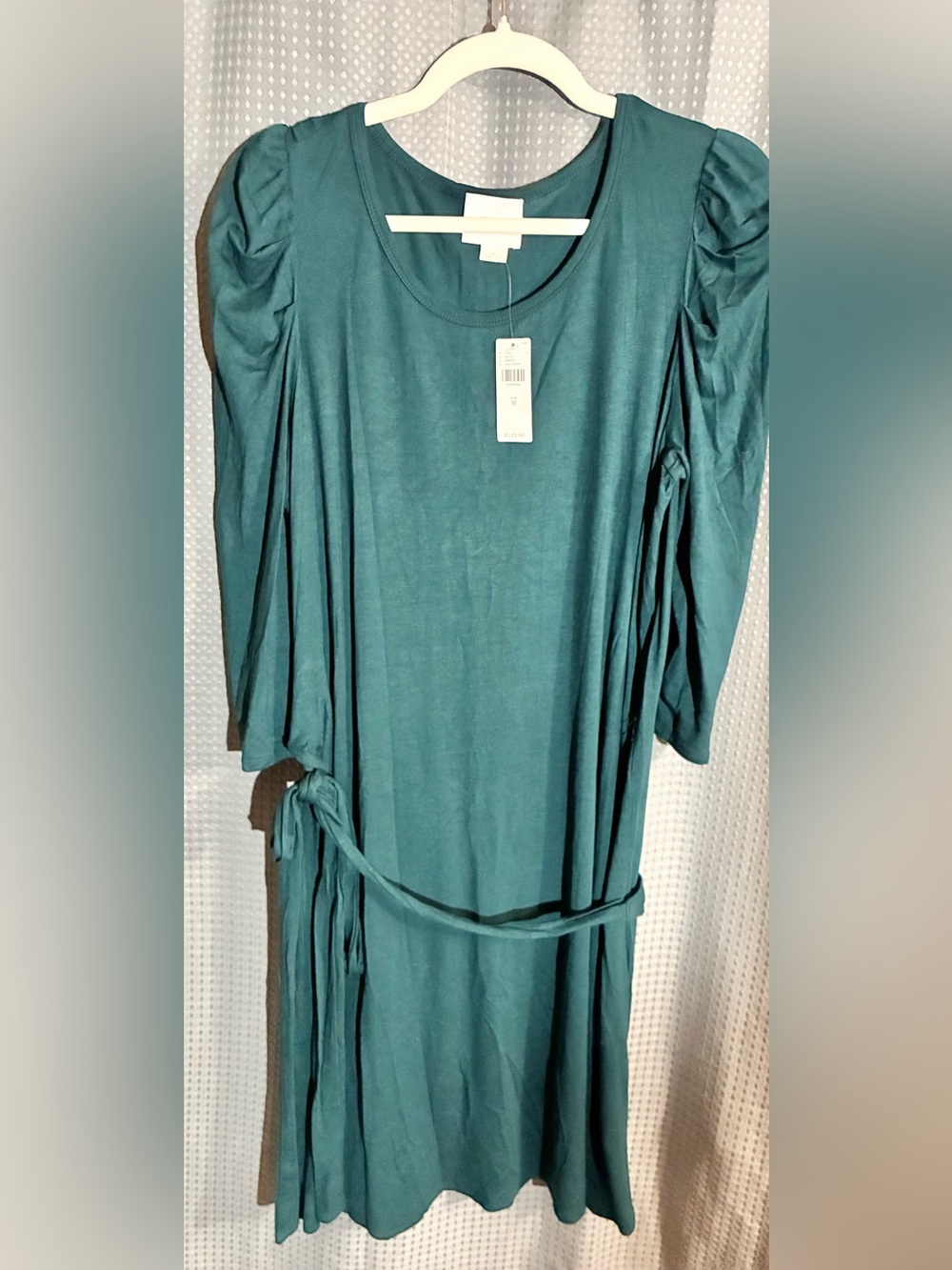 Maeve Teal Tie-Waist Dress Sz M Puff Shoulders Y2K Soft Jersey Knit New w/Tag